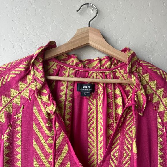Anthropologie Maeve Dress Pink Yellow Geo Boho Print Tassel Tunic Mini Dress XS‎ - Picture 4 of 9